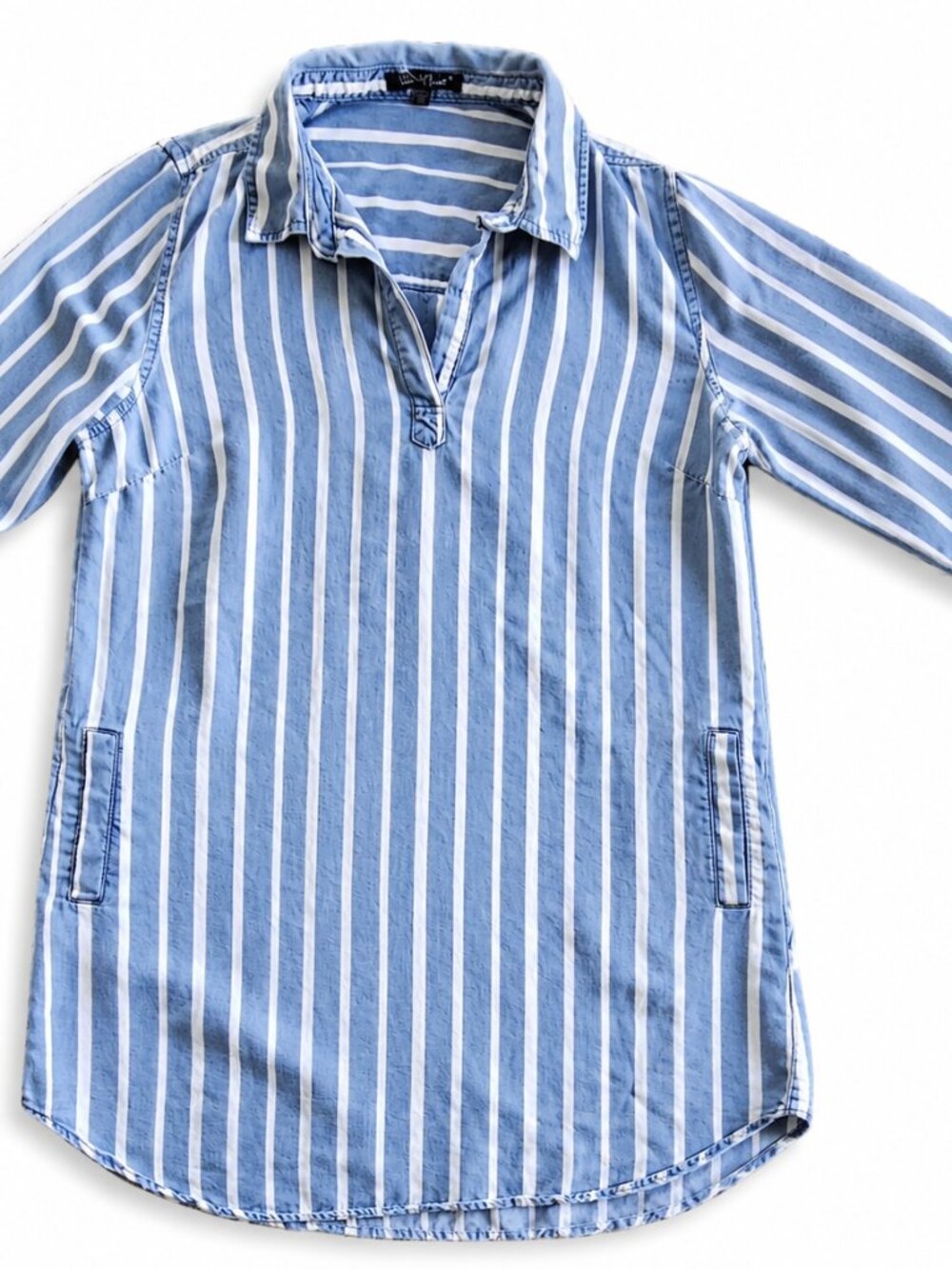 Velvet Heart Striped Tencel Chambray Tunic Shirt Dress M Blue White Roll Tab